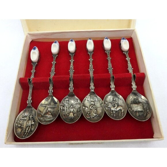 Set Of 6 Dutch Themed Silver-Plated Collectible Spoons In Presentation Box Vinta - Picture 2 of 10